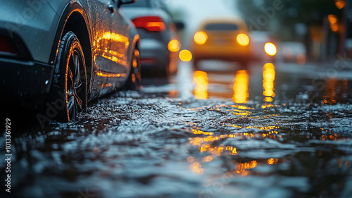 Flooded cars on the street of the city. Street after heavy rain. Water could enter the engine, transmission parts or other places. Disaster Motor Vehicle Insurance Claim Themed.