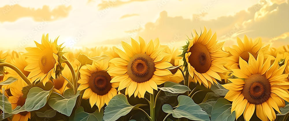 Obraz premium A warm-toned illustration of a bright, golden field full of large, blooming sunflowers under a yellow sky