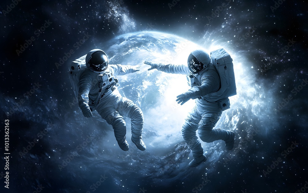 Astronauts floating in space against a backdrop of the earth and stars Astronauts floating in space against a backdrop of the earth and stars