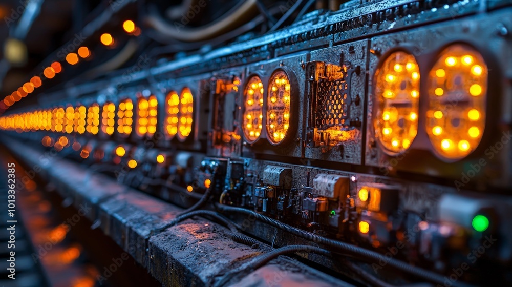 A close-up view of industrial machinery with glowing indicators and complex wiring. A close-up view of industrial machinery with glowing indicators and complex wiring.