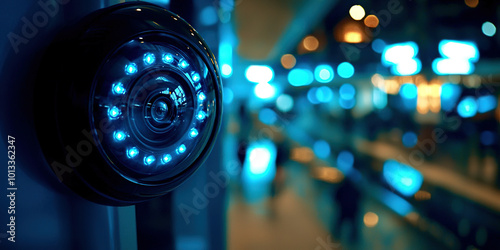 A camera with a blue lens is mounted on a wall