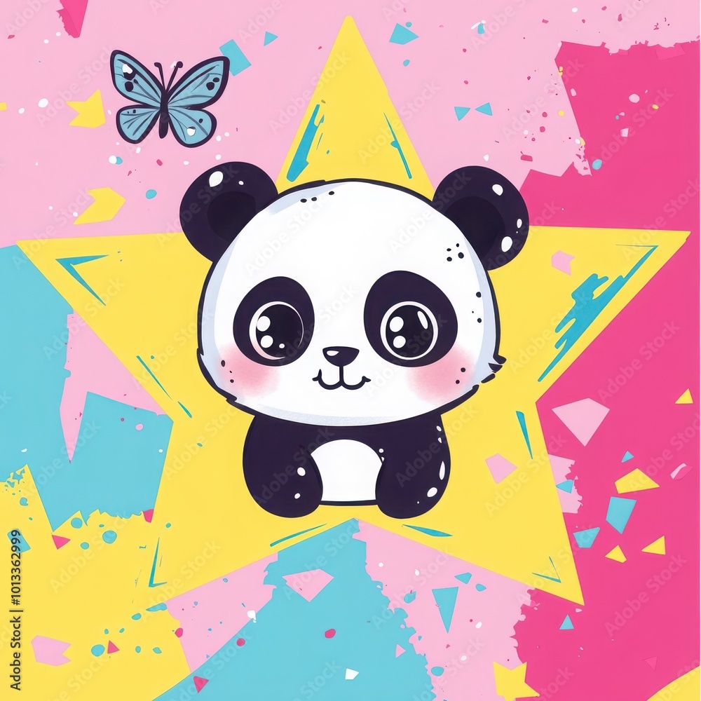 Fototapeta premium Illustrate a cheeky, chibi panda with big, playful eyes inside a star-shaped frame.