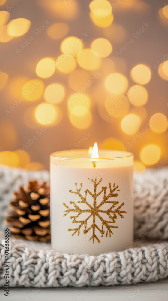 A candle with a snowflake design is lit in front of a fireplace A candle with a snowflake design is lit in front of a fireplace