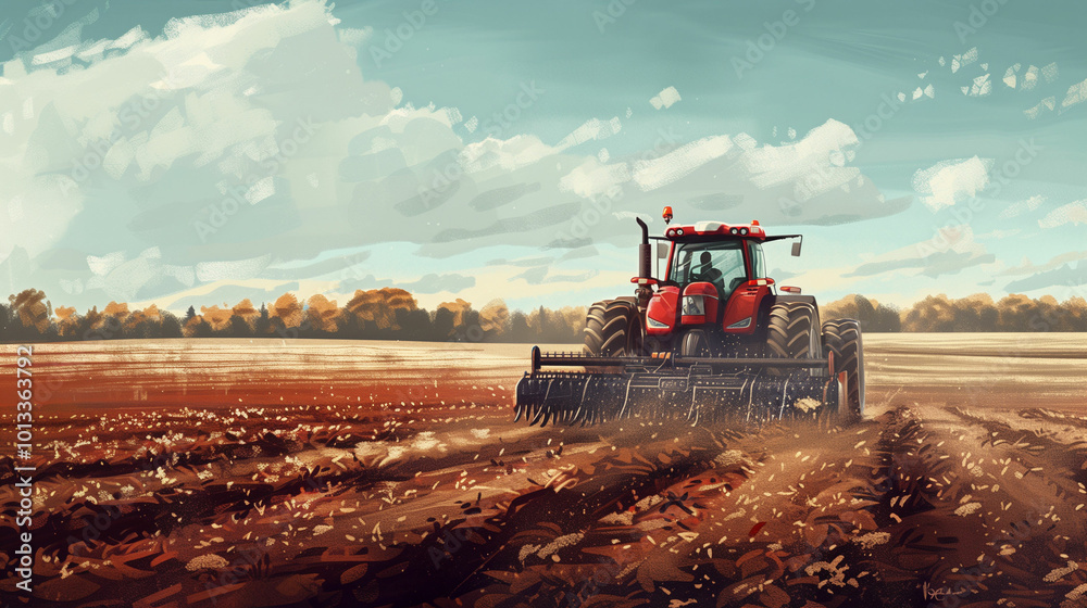 Fototapeta premium A vibrant red tractor cultivates fertile soil under a bright sky, showcasing the heart of autumn farming in rural landscapes