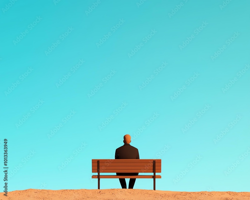 Solitary figure sitting on a bench under clear blue sky, evoking feelings of calm, contemplation, and solitude in a minimalist landscape. Solitary figure sitting on a bench under clear blue sky, evoking feelings of calm, contemplation, and solitude in a minimalist landscape.