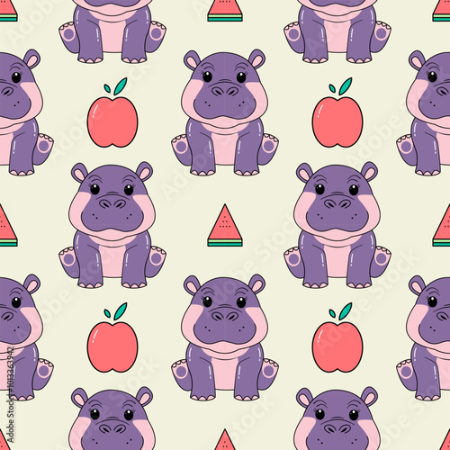 Funny hippo kid seamless pattern