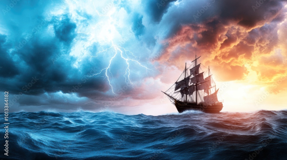 Fototapeta premium Dramatic Sailing Ship in Stormy Sea at Sunset