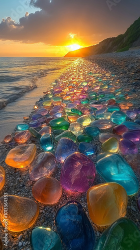 glass beach, covered with millions of small smooth multi colored rocks that appear as translucent glass photo