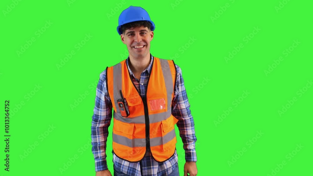 Smiling construction worker holding a tape measure, wearing orange vest and safety helmet chroma key Smiling construction worker holding a tape measure, wearing orange vest and safety helmet chroma key