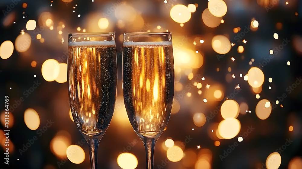 Two glasses of champagne toasting in the nigh with lights bokeh, glitter and sparks on the background Two glasses of champagne toasting in the nigh with lights bokeh, glitter and sparks on the background