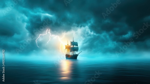 Ship in Stormy Sea with Lightning and Dramatic Clouds