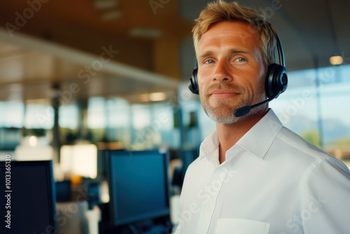 call center agent adeptly answers incoming calls photo