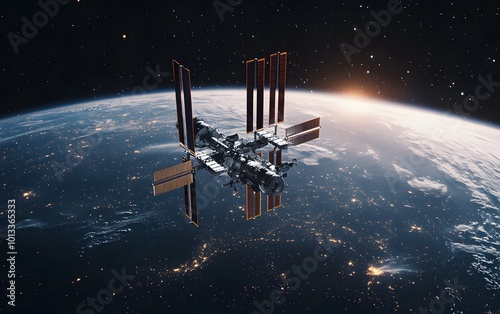 Fototapeta Naklejka Na Ścianę i Meble -  International space station orbiting earth at night