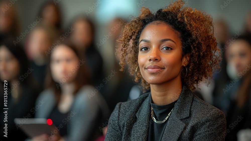 A confident woman in business attire engages with an audience during a professional event. A confident woman in business attire engages with an audience during a professional event.