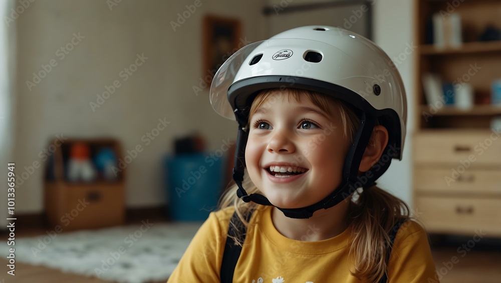 A little girl wearing a helmet beams with joy indoors, reflecting safety and the innocence of childhood. A little girl wearing a helmet beams with joy indoors, reflecting safety and the innocence of childhood.