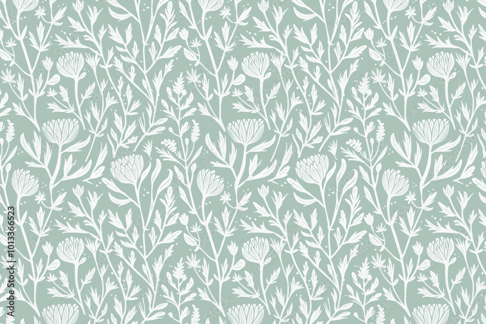 Toile pattern tapestry. Linocut print. Monochrome botanical pattern background. Created with Generative AI technology.