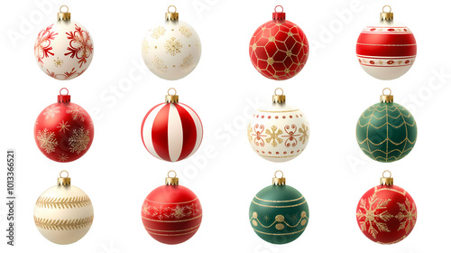 Festive collection of Christmas tree decorations featuring vibrant ornaments and glass baubles in red and gold, perfect for celebrating the holiday season