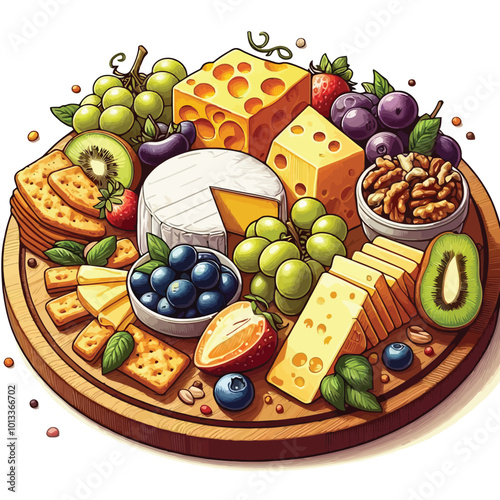 Visualize a gourmet cheese board featuring slices of cheddar, mozzarella, and gouda vector