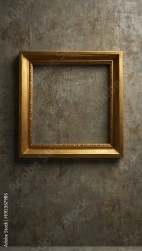 A square gold frame on a textured concrete wall, ideal for artwork display and text.