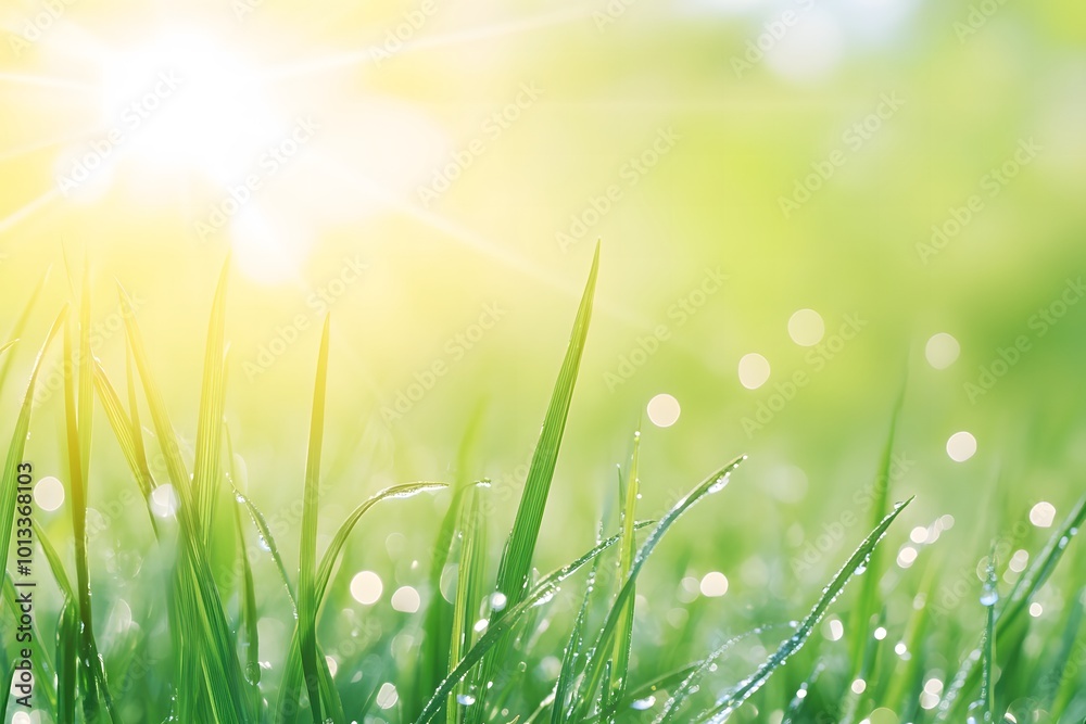 Obraz premium Close-up of sparkling dew on blades of grass with copy space. Bright sunrise light. Meadow background