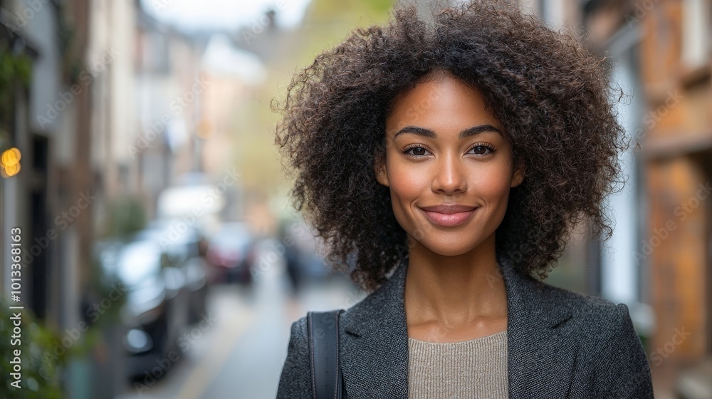A confident woman with curly hair smiles in an urban setting. A confident woman with curly hair smiles in an urban setting.