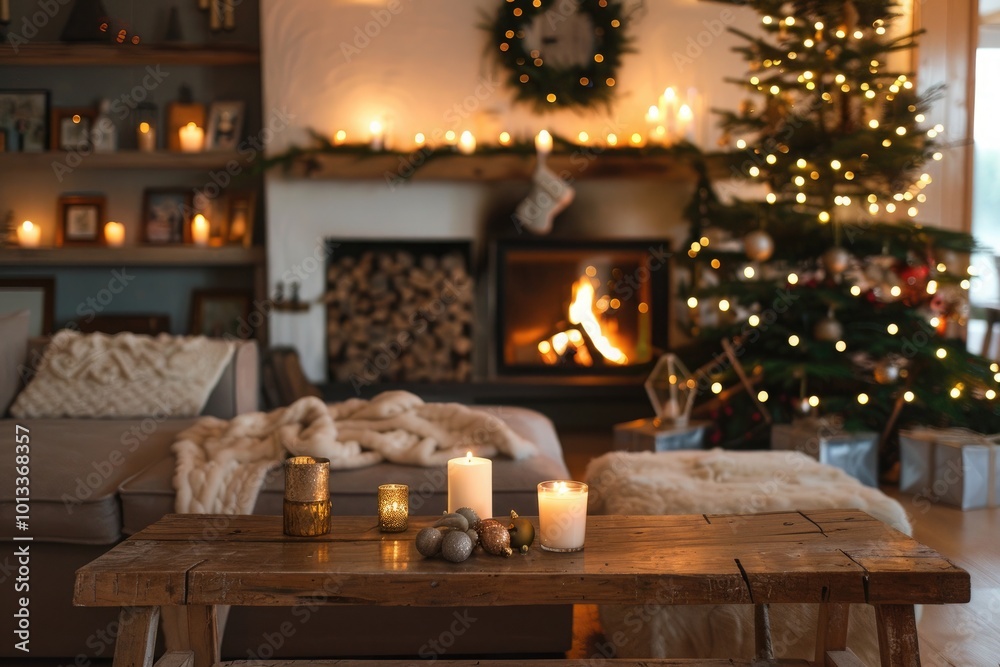 cozy living room with candles, a Christmas tree, and a fireplace glowing warmly cozy living room with candles, a Christmas tree, and a fireplace glowing warmly