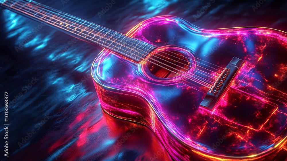 Obraz premium Acoustic guitar with vibrant, neon glow effect on a dark background representing the concept like rock and night club party, musical banner concept with copy space for text, logo, ad 