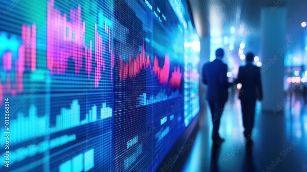 Two business people walking past a digital display of financial data and stock trends. Two business people walking past a digital display of financial data and stock trends.