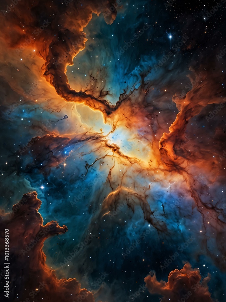 A vibrant nebula glowing in orange and blue against a starry background. A vibrant nebula glowing in orange and blue against a starry background.