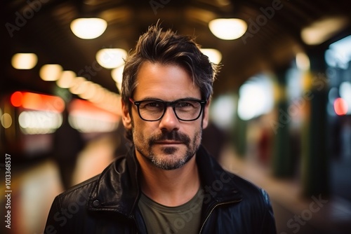 Portrait of a handsome young man with glasses in a metro station