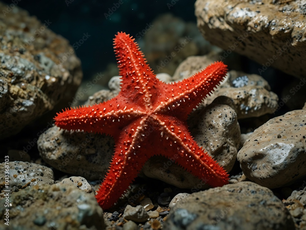 A vibrant red starfish resting on rocky terrain in an underwater display. A vibrant red starfish resting on rocky terrain in an underwater display.