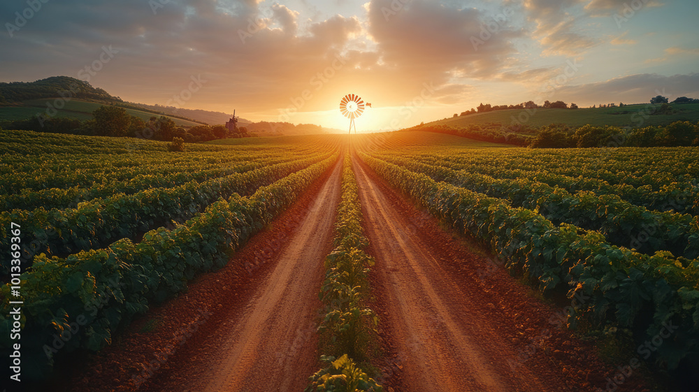 A field of green plants with a windmill in the middle A field of green plants with a windmill in the middle