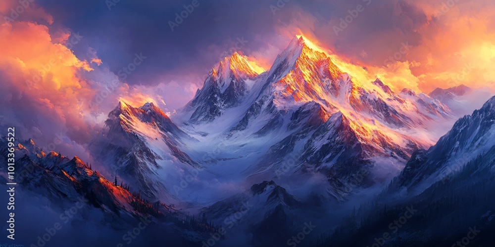 A picturesque mountain range at sunset with orange and purple hues. A picturesque mountain range at sunset with orange and purple hues.