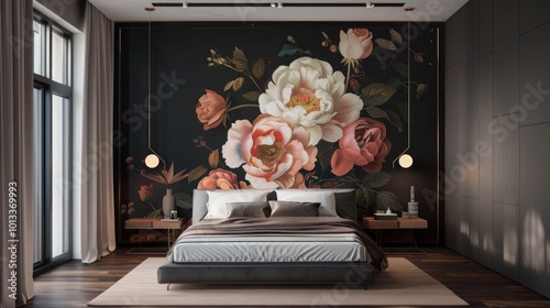 Large-scale floral mural on a dark matte wall, adding drama and romance to a modern bedroom space.