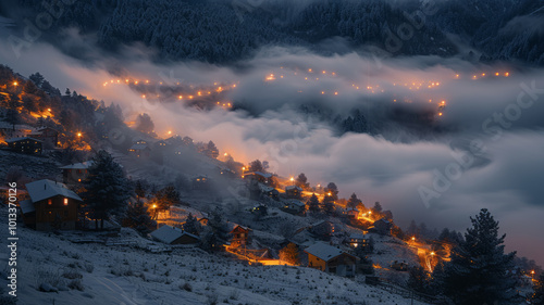 very thick and wavy sea of ​​clouds covers a village at night, the village light and the car trail light lighten the clouds and make the clouds glow. ,