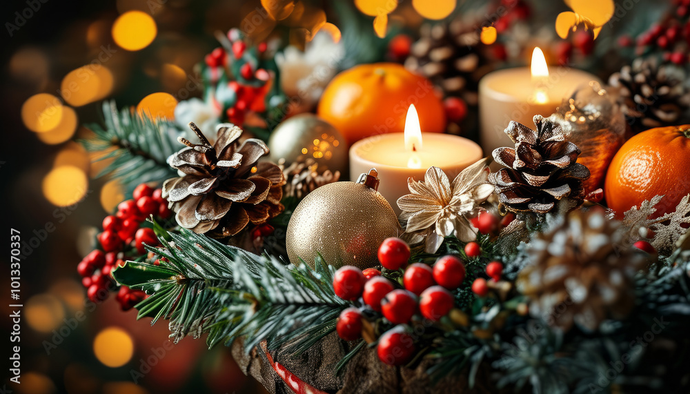 Rustic Christmas Candles with Pinecones and Ornaments. Cozy Christmas Table Decoration with Candles and Ornaments