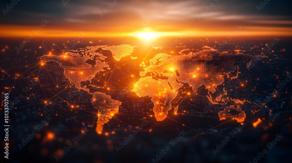 Glowing world map at sunset with network connections Glowing world map at sunset with network connections