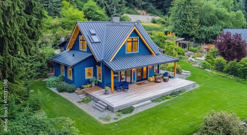 a blue house with a gray roof and wooden terrace, a large open space on the front side, a wooden floor in the backyard, a summer landscape