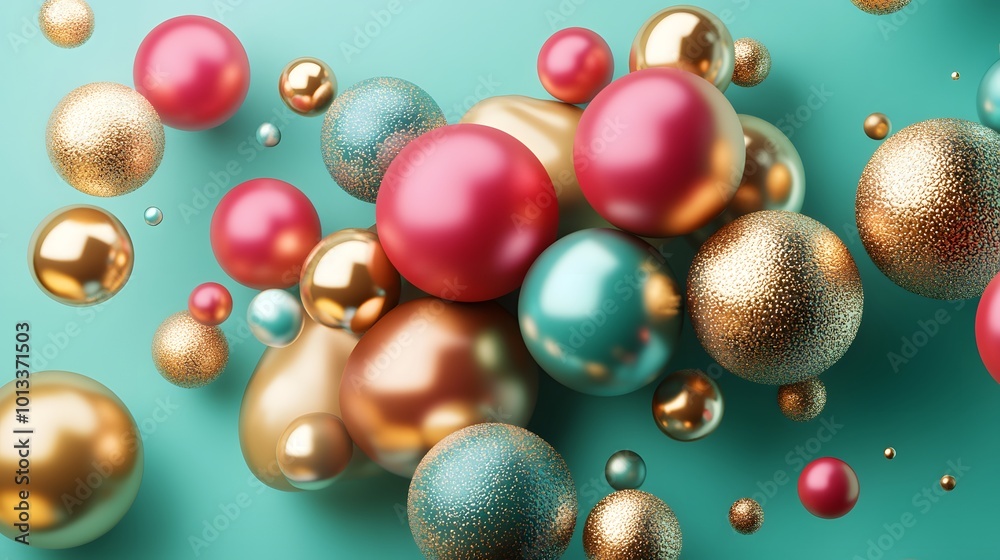 Cluster of abstract spheres and solids, gold, pink and teal, 3d render / rendering. Cluster of abstract spheres and solids, gold, pink and teal, 3d render / rendering.