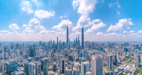 Aerial View of City Skyline and Skyscrapers Under Blue Sky and White Clouds