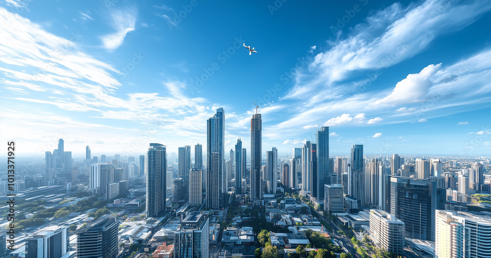 Obraz premium Aerial View of City Skyline and Skyscrapers Under Blue Sky and White Clouds