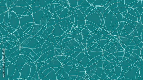 Geometric line art of interlocking circles and triangles forming a hypnotic pattern on a solid teal background, creating a seamless modern design.