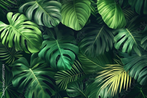 Lively interior wallpaper featuring tropical greenery for a bright living space design with beautiful plants