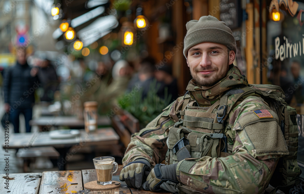 military personnel in a hipster coffee shop drinking coffee. sunny day military personnel in a hipster coffee shop drinking coffee. sunny day