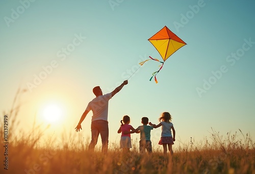Father flying a kite with children in the field on sunlight sky