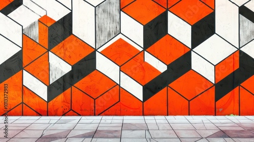Geometric cube pattern in black and white line art on a bold orange wall, creating a sense of depth and structure.