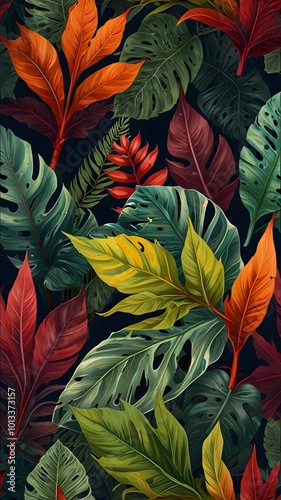 Many Colorful Tropical Botany Seamless Jungle Leaf Pattern photo