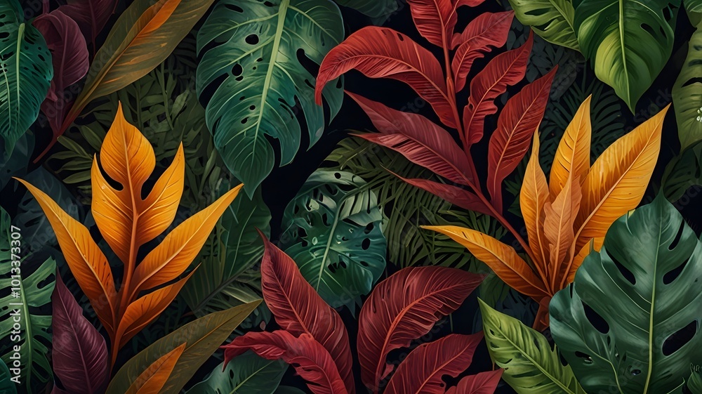 Fototapeta premium Colorful Tropic Exotic Seamless Rainforest Leaf Pattern