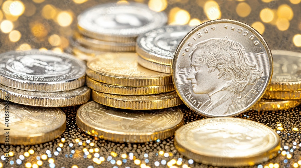 Stacked Coins on Glittering Background Stacked Coins on Glittering Background