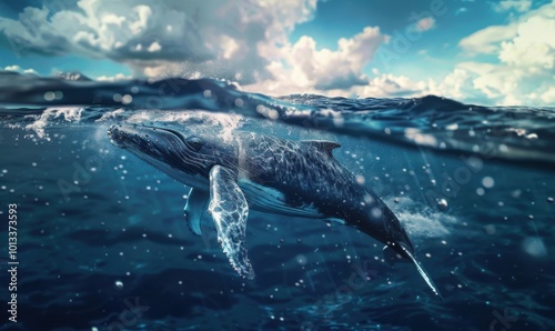 Majestic whale breaching the ocean surface, 4K hyperrealistic photo.